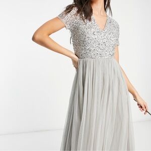 Maya Deluxe Grey Silver Sequin Tulle Bridesmaid Dress | Size Small |